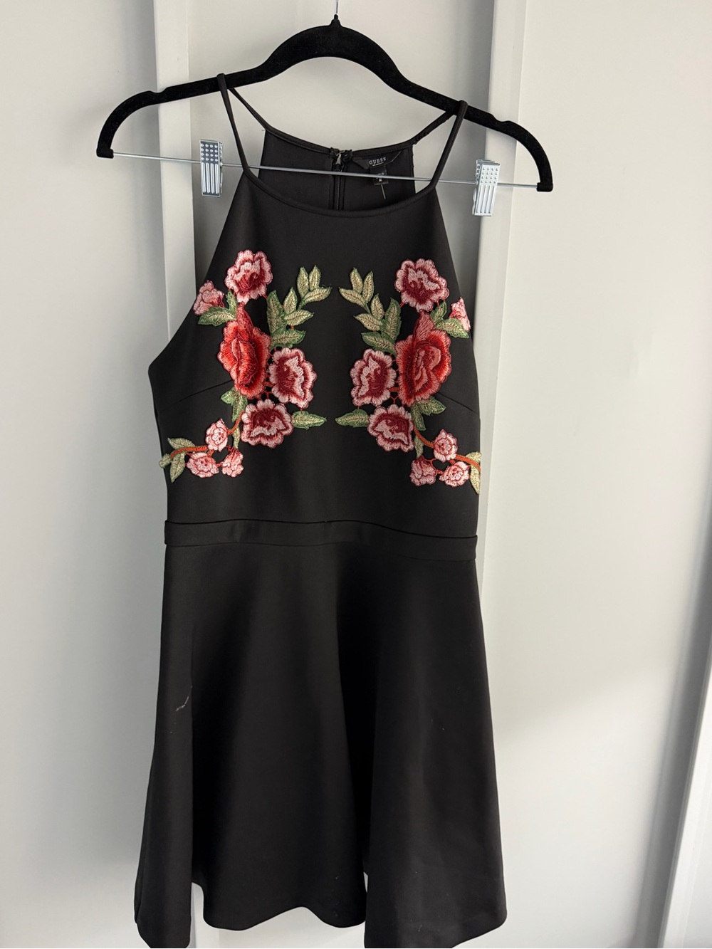 GUESS Black Floral Embroidered Scuba Halter Dress M
